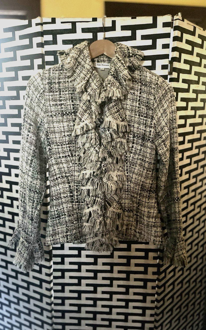 ANNE FONTAINE WOMAN'S BLACK/WHITE TWEED ZIP BLAZER JACKET, EURO 36, US 1, EC